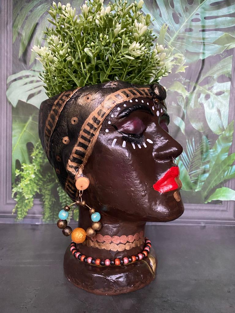 African Quin woman shaped head planter pot