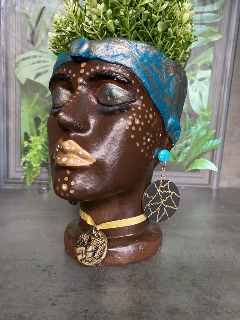 African Quin woman shaped head planter pot