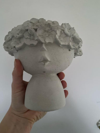 Flowery head concrete planter vase /adorable baby face flower crown plant pot