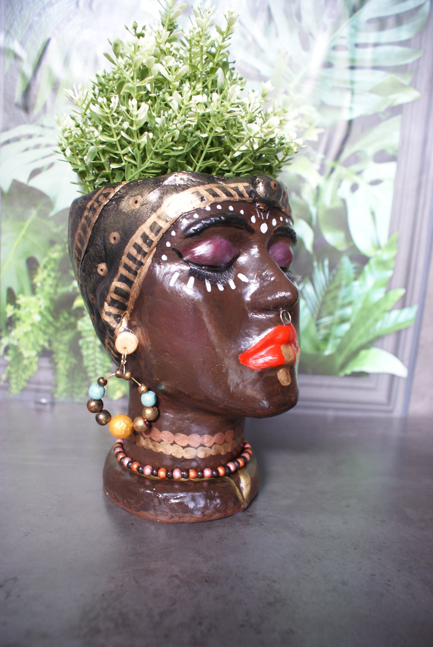 African Quin woman shaped head planter pot