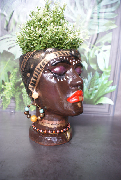 African Quin woman shaped head planter pot