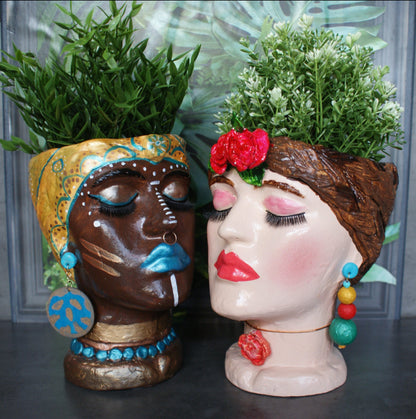 African Quin woman shaped head planter pot