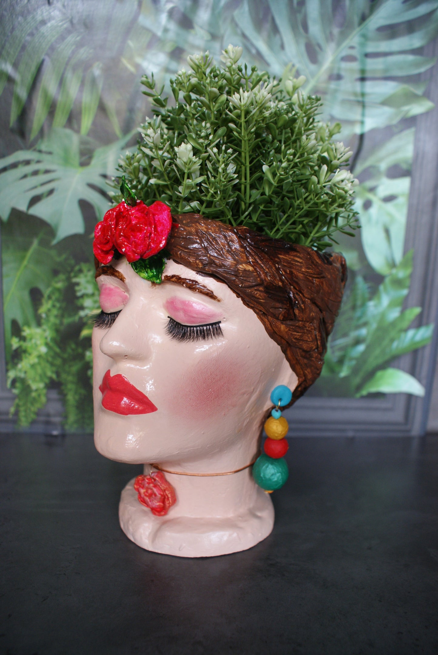 Woman Frida-inspired head planter pot