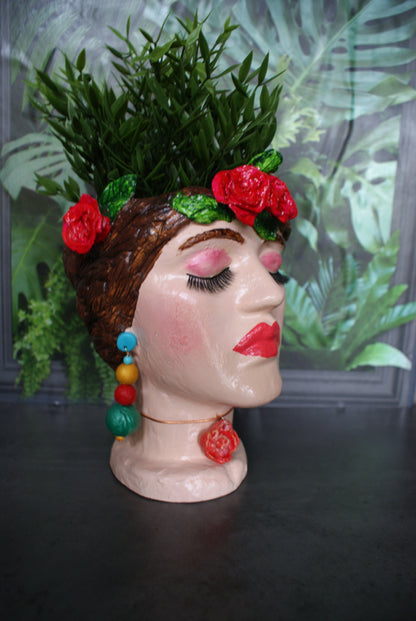 Woman Frida-inspired head planter pot