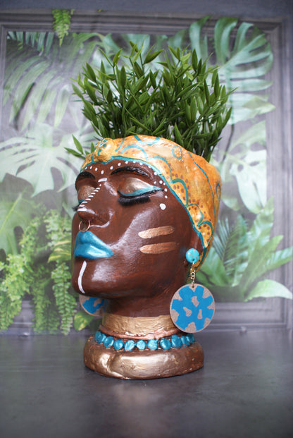 African Quin woman shaped head planter pot