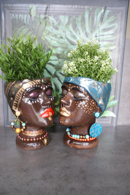 African Quin woman shaped head planter pot