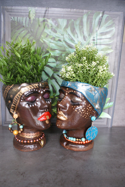 African Quin woman shaped head planter pot