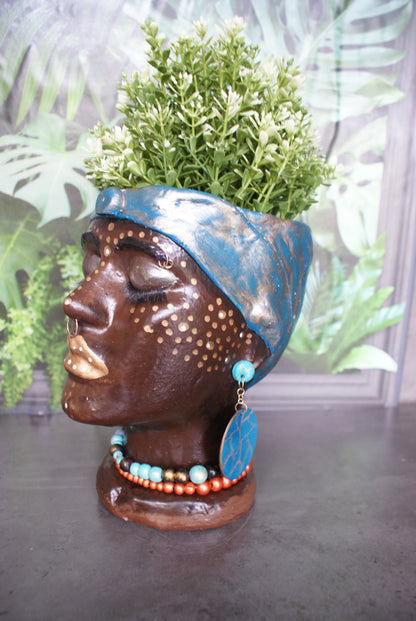 African Quin woman shaped head planter pot