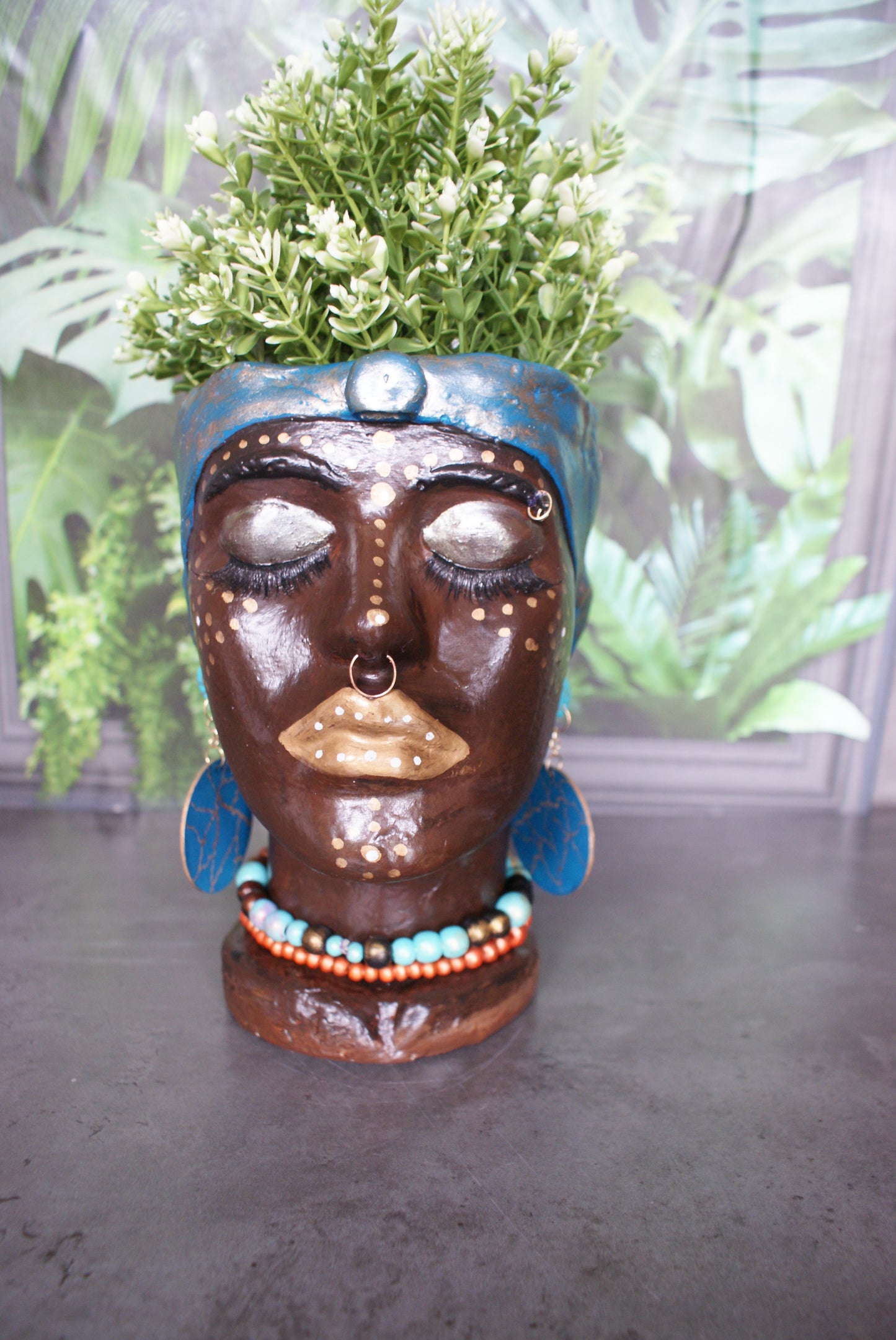 African Quin woman shaped head planter pot