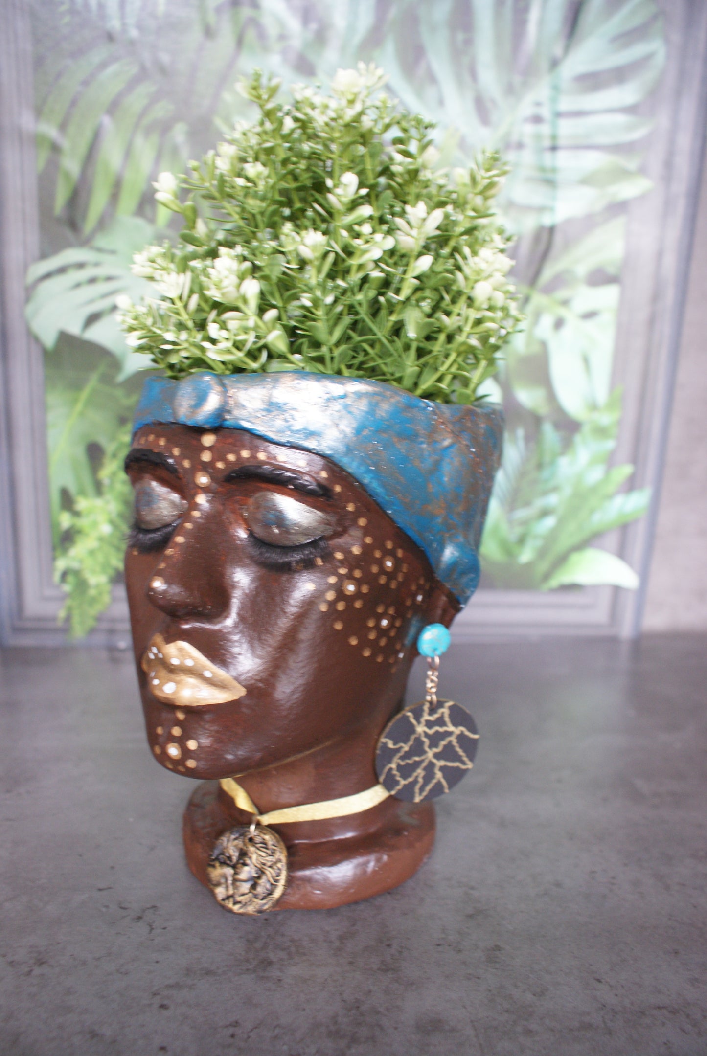 African Quin woman shaped head planter pot