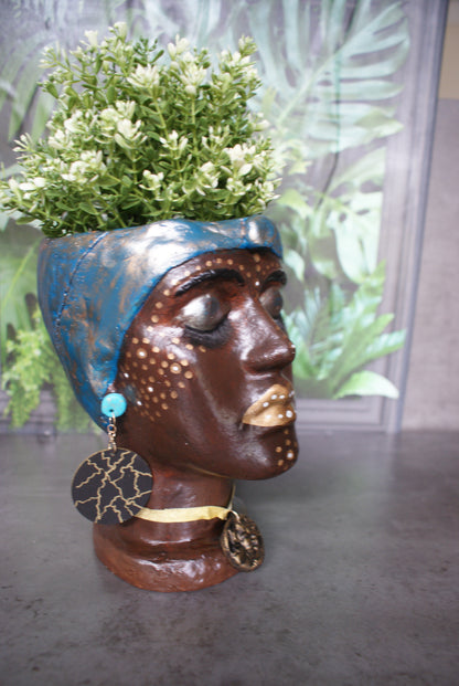 African Quin woman shaped head planter pot