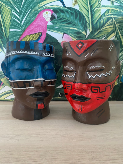 Mayan themed head planter pot, African human flower pot