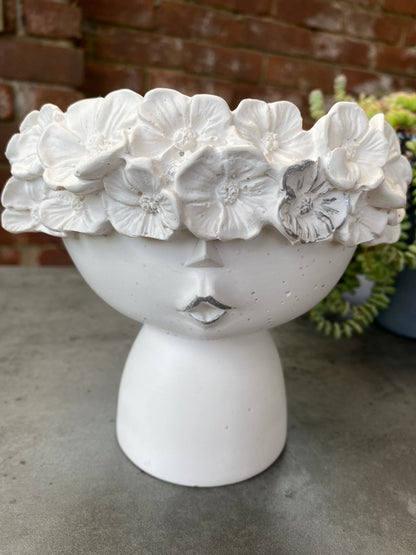 Flowery head concrete planter vase /adorable baby face flower crown plant pot