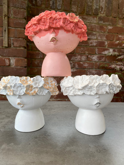 Flowery head concrete planter vase /adorable baby face flower crown plant pot