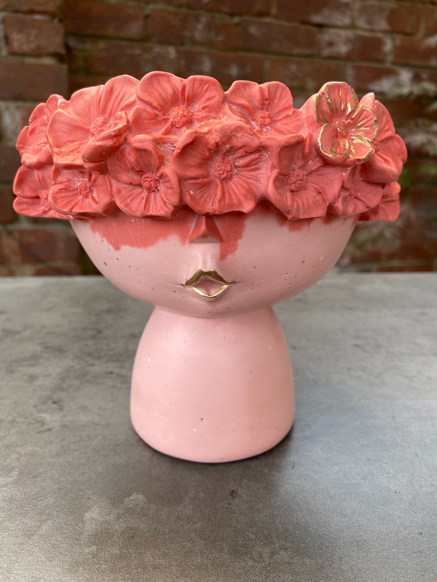 Flowery head concrete planter vase /adorable baby face flower crown plant pot