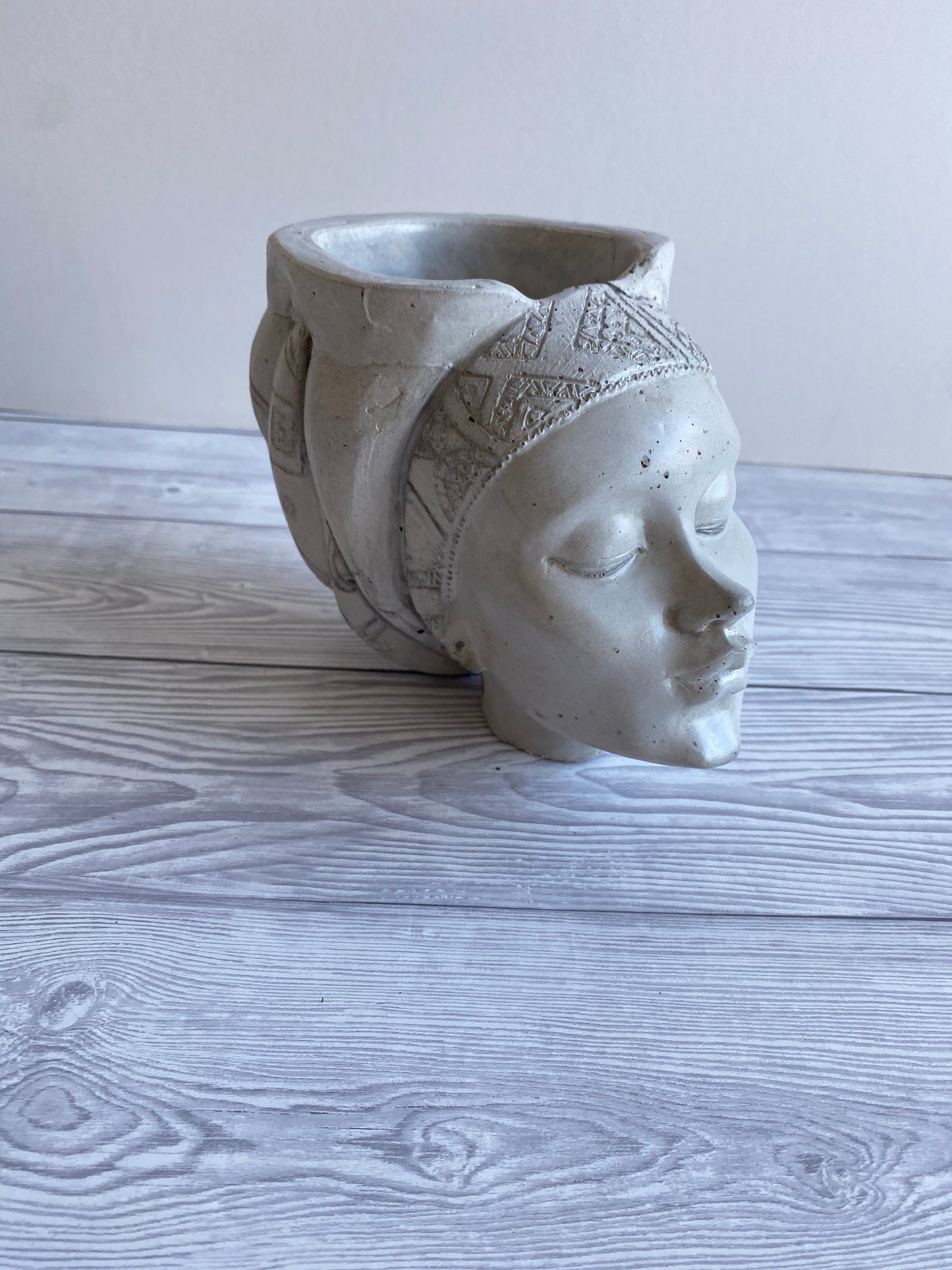 African queen concrete woman head planter pot