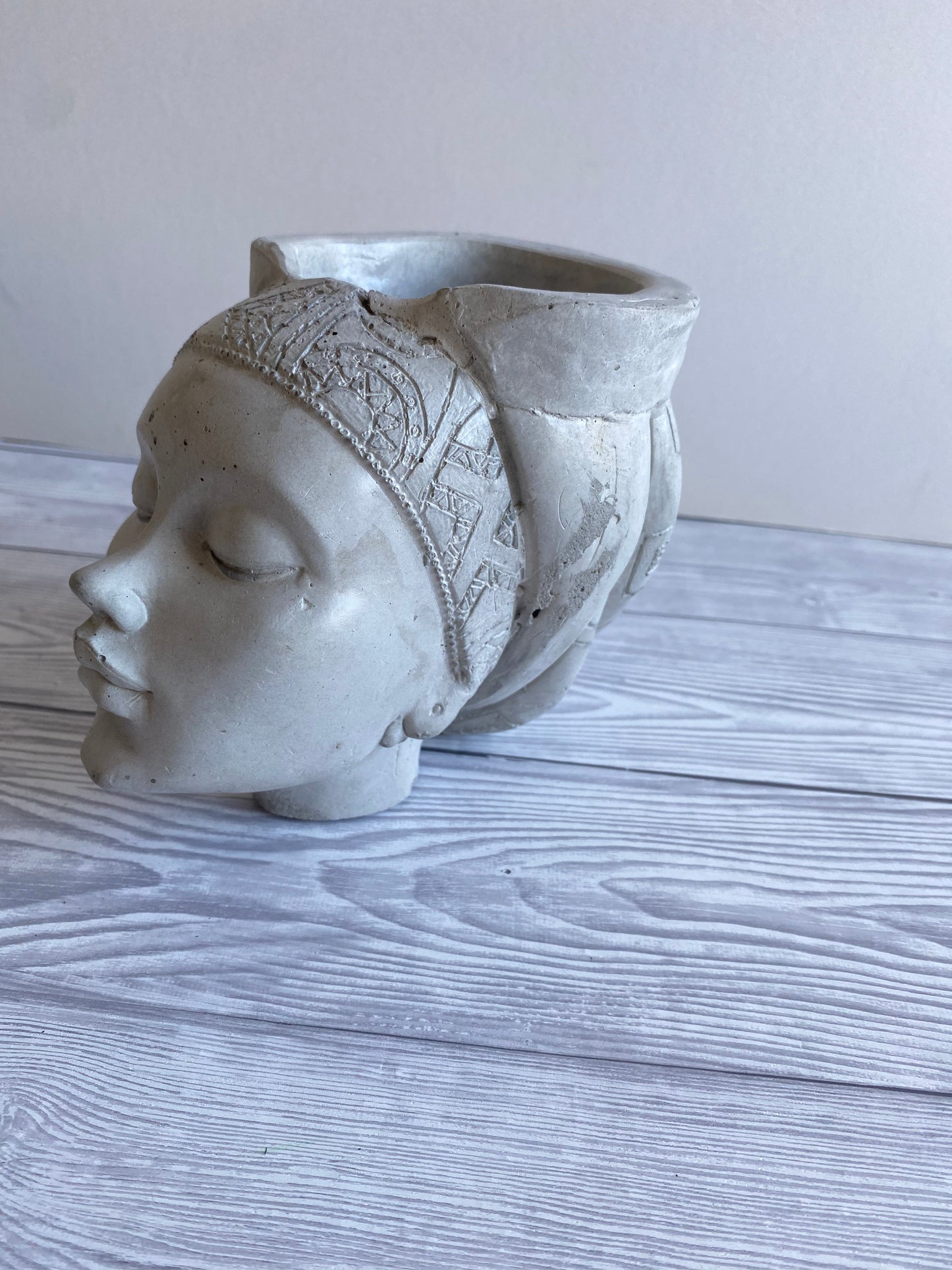 African queen concrete woman head planter pot