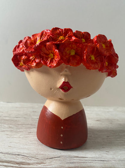 Flowery head concrete planter vase /adorable baby face flower crown plant pot