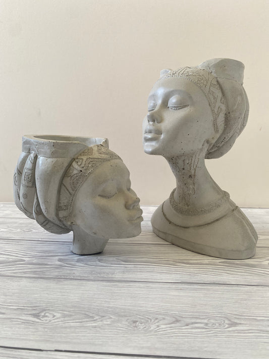 African queen concrete woman head planter pot