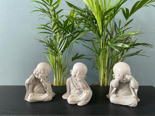 Set of 3 Lucky Monks sculptures,  Happy sitting Buddha ornament statues