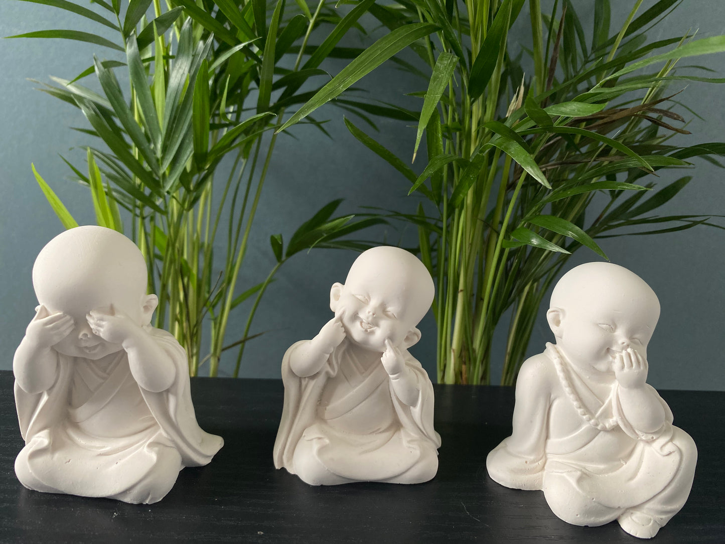 Set of 3 Lucky Monks sculptures,  Happy sitting Buddha ornament statues