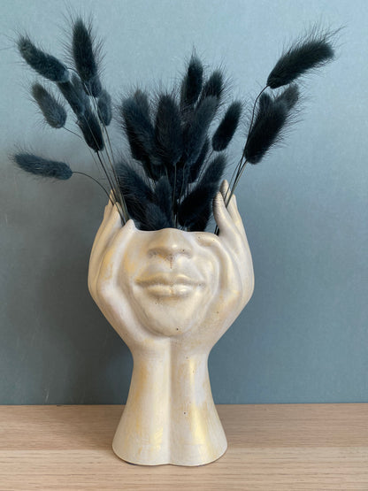 Woman face in hands vase