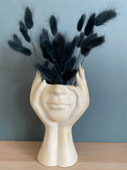 Woman face in hands vase