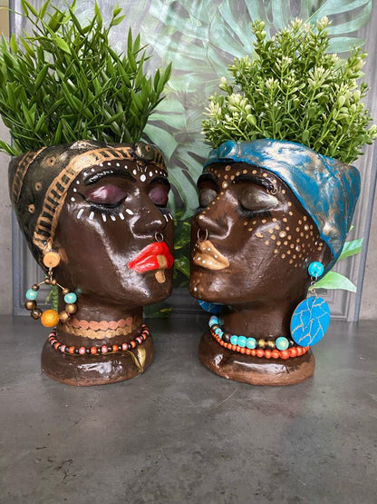 African Quin woman shaped head planter pot