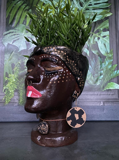 African Quin woman shaped head planter pot