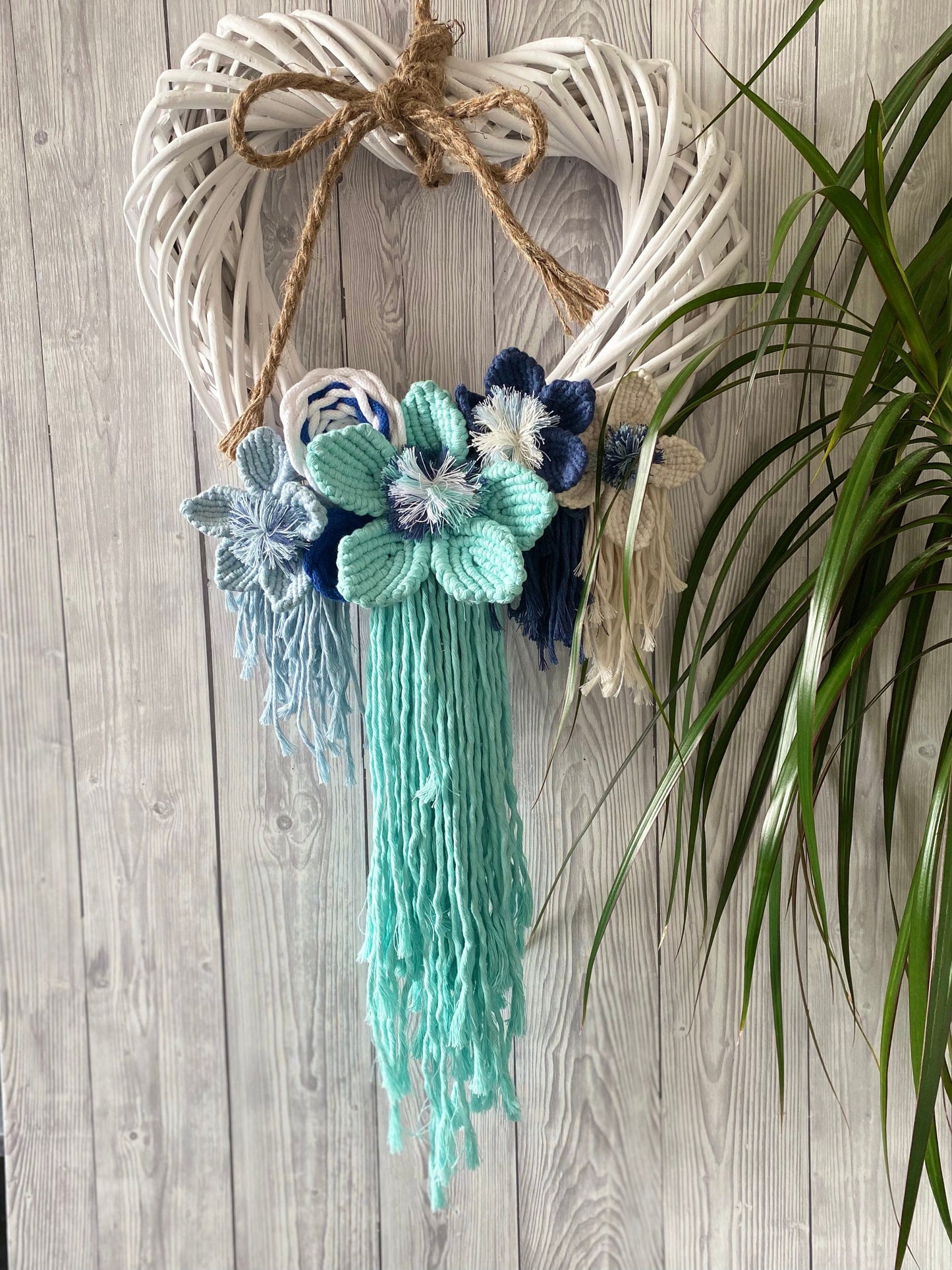 Macrame flowers on wicker heart wreath