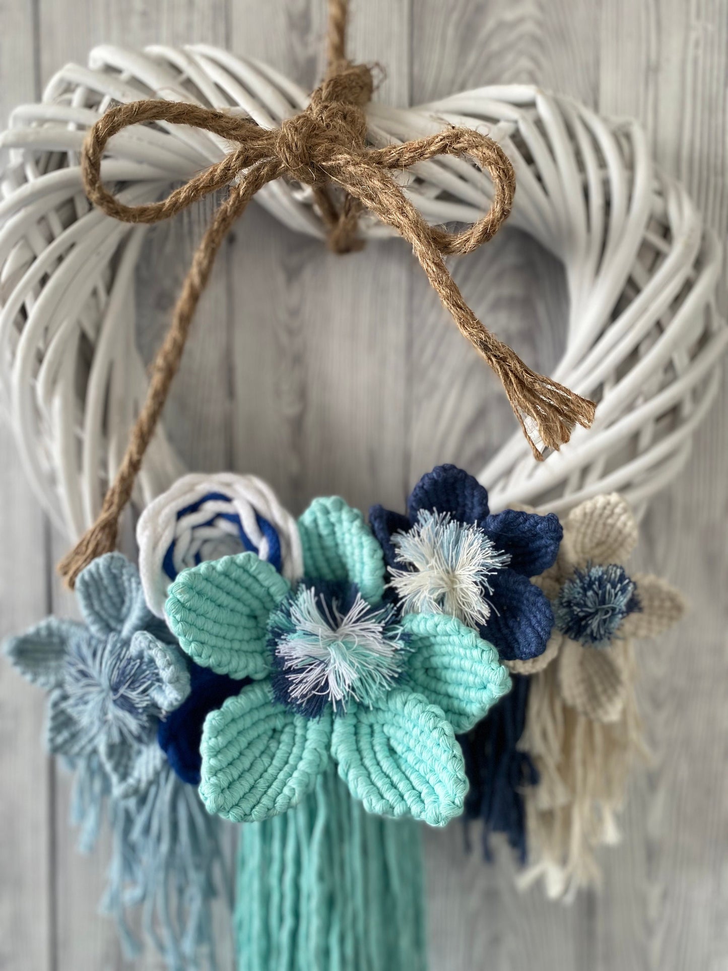 Macrame flowers on wicker heart wreath