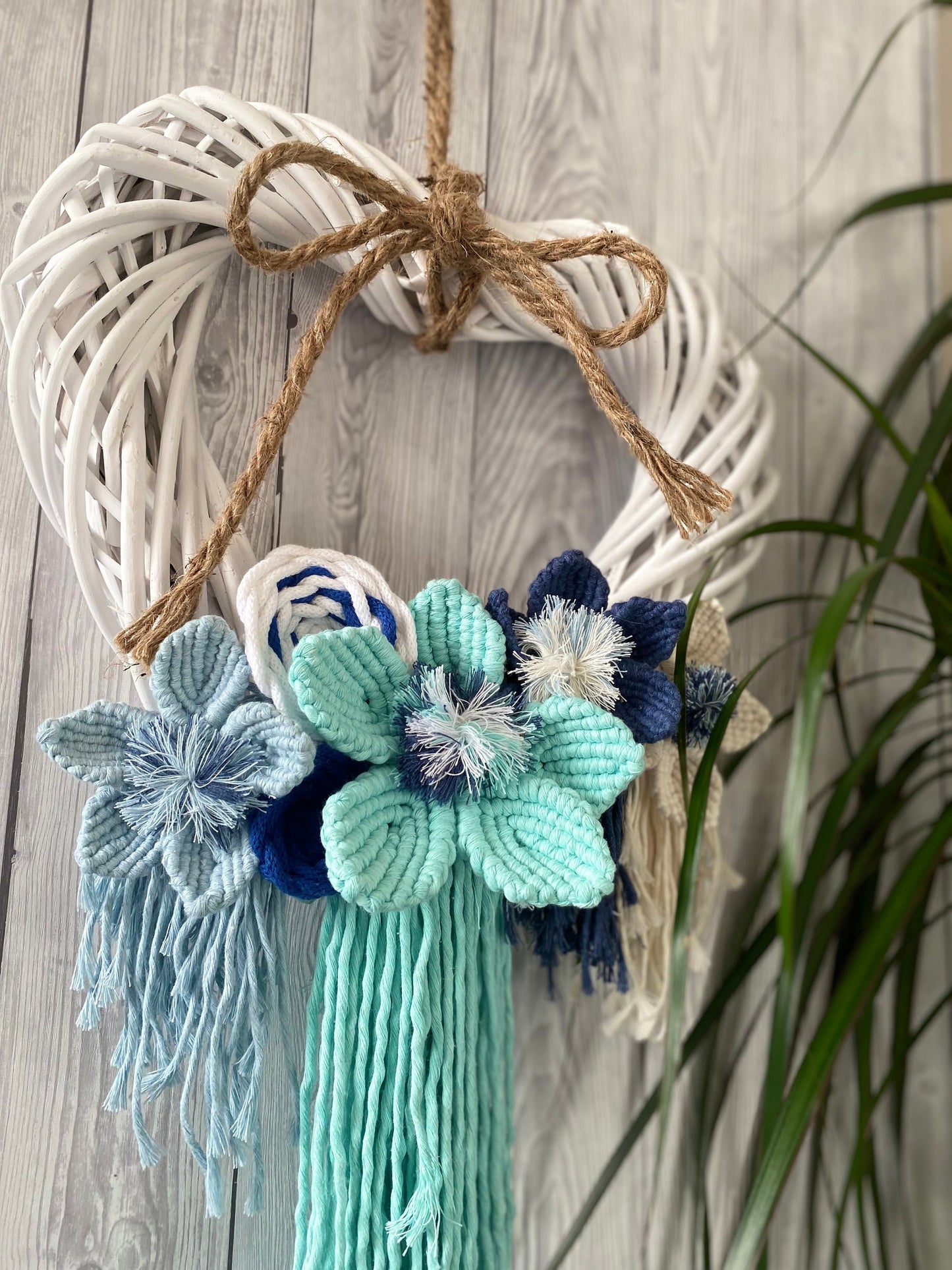 Macrame flowers on wicker heart wreath