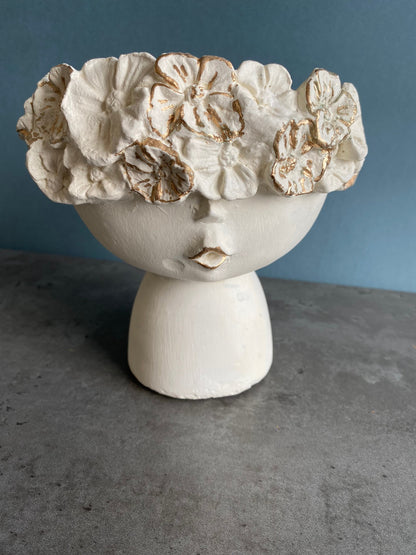 Flowery head concrete planter vase /adorable baby face flower crown plant pot